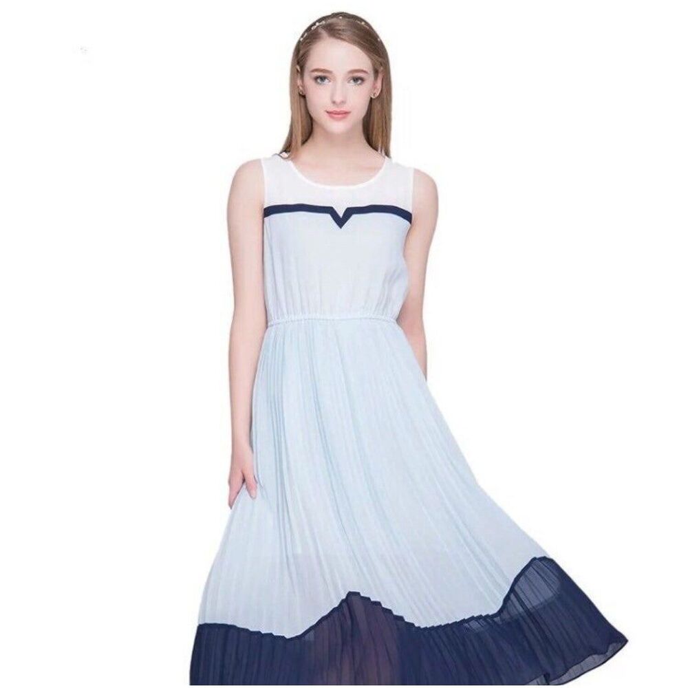 Women's Light Blue Pleated Chiffon Midi Dress Sleeveless Fit Flare Cottagecore
